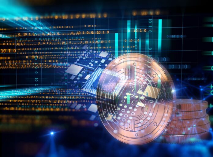 3d rendering of Bitcoin on technology background