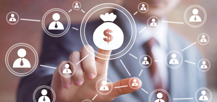 Businessman pushing button with icon dollar virtual.